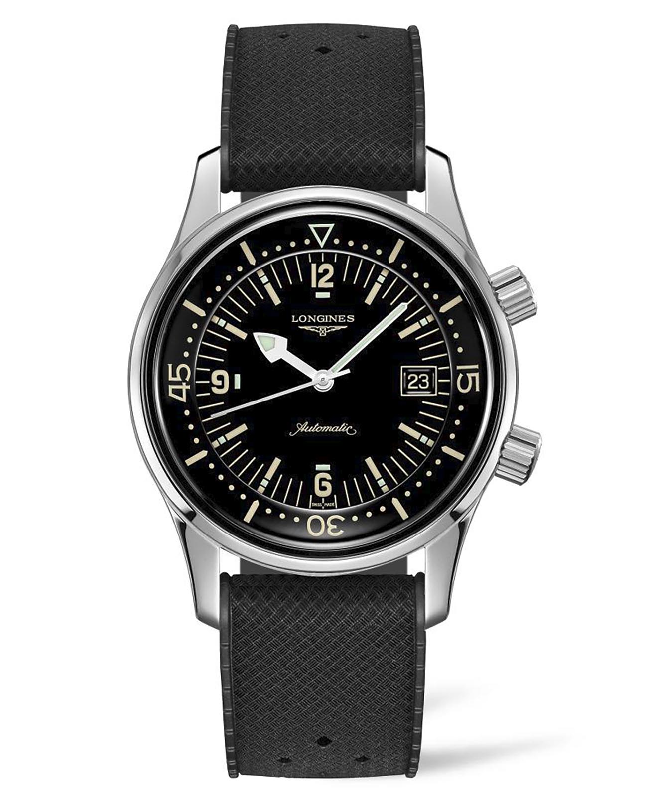 Longines Longines Legend Diver Watch L3.774.4.50.9  L37744509 механические мужские часы черный циферблат, браслет каучук — вид спереди